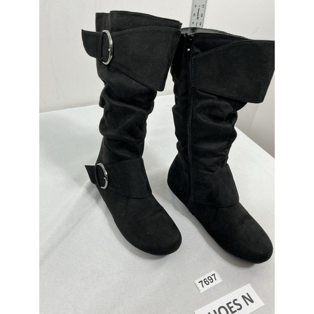 Woman’s Forever Slouched Mid calf Boots 8.5 Black Flat Heel Buckle Accent